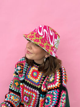 Knitted Patchwork Pink And Green Bucket Hat, 7 of 12