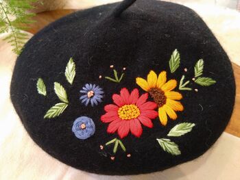 Black Beret Hat With Hand Embroidery Flower, 3 of 6