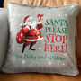 Personalised Cartoon Santa Stop Here Faux Fur Cuddle Cushion, thumbnail 3 of 7