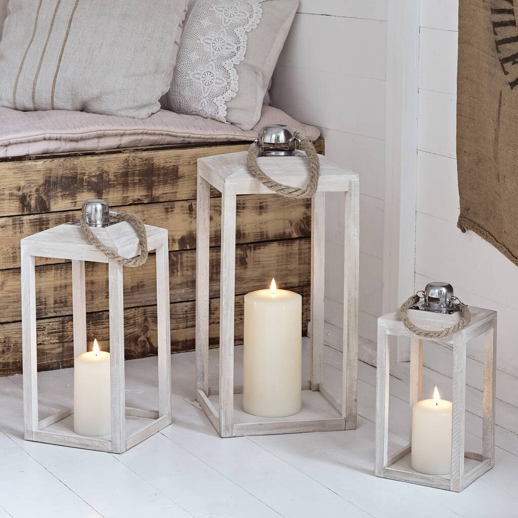 Set Of Three Wood And Rope Candle Lanterns By Lights4fun