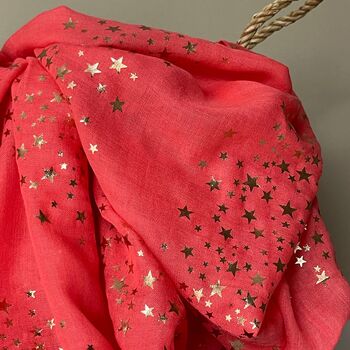 Rose Gold Galaxy Stars Scarf In Coral, 2 of 3