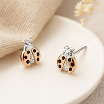 Rose Gold And Silver Diamond Ladybird Stud Earrings – 6mm, 3 of 6