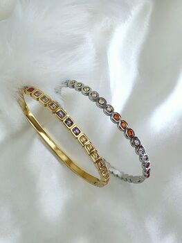 Bezel Set Coloured Gemstone Hinged Bangle In 18k Gold On Stainless Steel, Waterproof Jewellery, 6 of 11