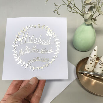 Personalised Hitched Wedding Card, 8 of 10