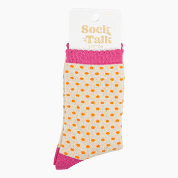 Women's Glitter Socks Cream Hot Pink Polka Dots, 4 of 4