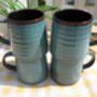 Set Of Four Reactive Glaze Brûlée Mugs In Lagoon Blue And Dark Chocolate, thumbnail 3 of 7