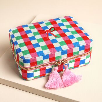 Multi Bright Checkerboard Linen Travel Jewellery Case, 2 of 8