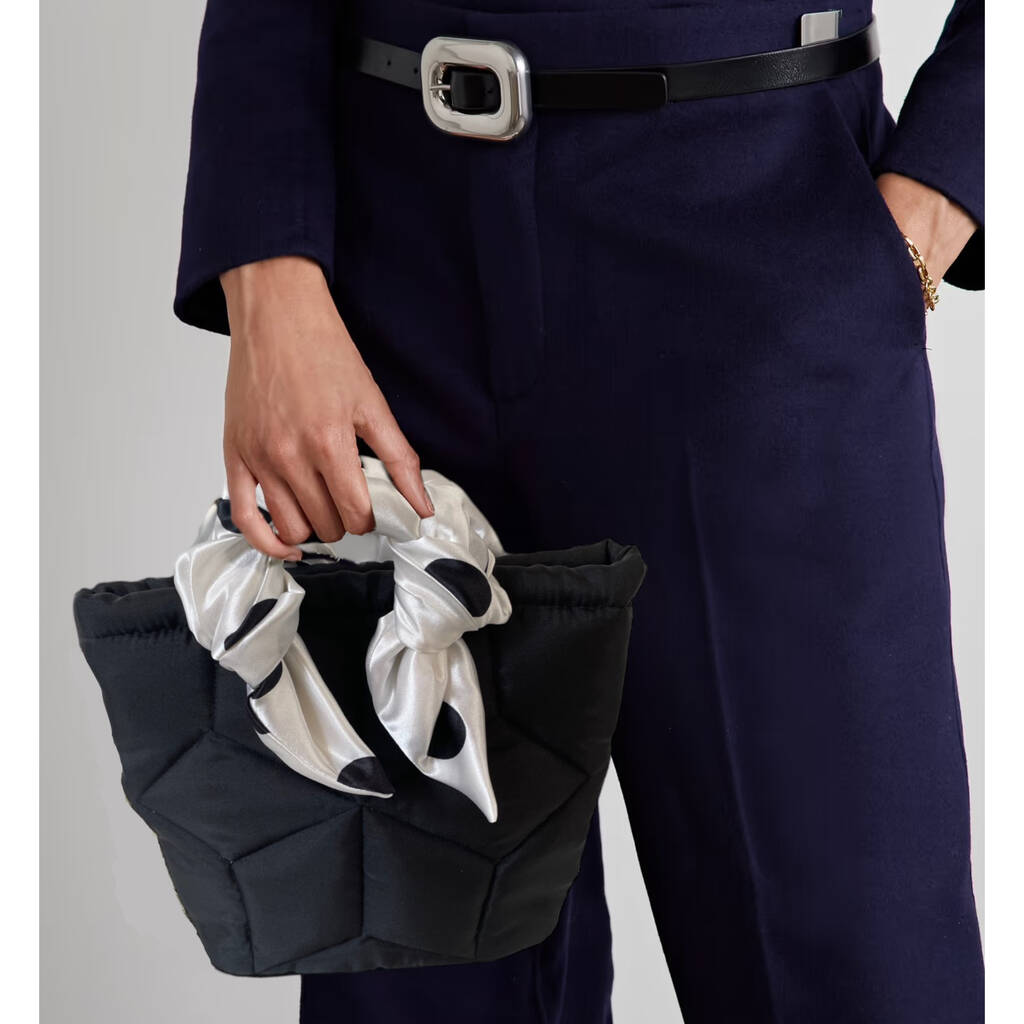 Black Satin Evening Bucket Bag With Polka Dots By Bote A Mano