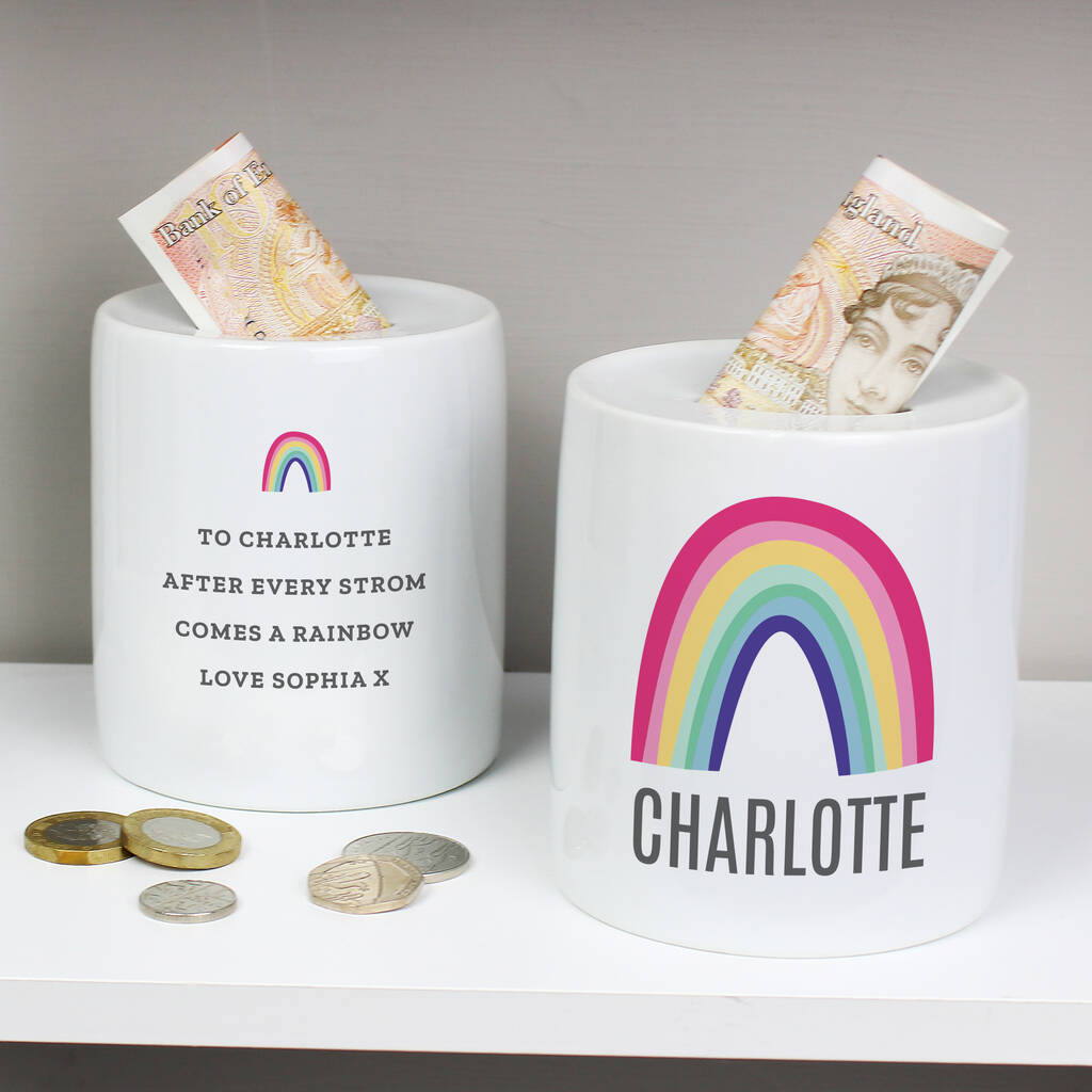 Personalised Rainbow Ceramic Money Box By The Orchard