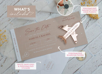 Beige Wedding Boarding Pass Save The Date With Rose Gold Magnetic Plane, 3 of 7