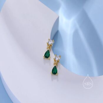 Emerald Green Cz Dangle Round Droplet Stud Earrings, 6 of 11