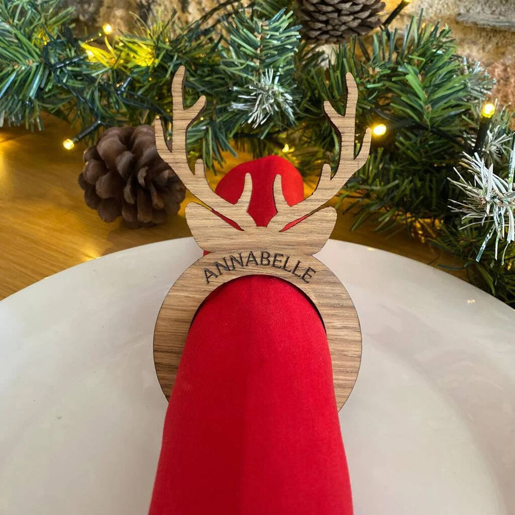 Personalised Wooden Reindeer Napkin Rings Christmas Table Set Of Four