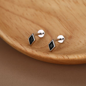 Sterling Silver Black Cz Rhombus 16 G Flat Back Labret Earrings, 3 of 11