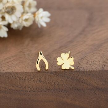 Mismatched Wishbone And Clover Leaf Stud Earrings In Sterling Silver, 5 of 12