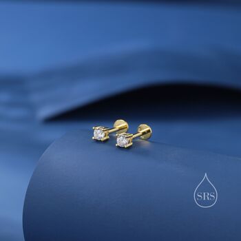 Sterling Silver Four Prong Cz Internally Threaded Flat Back Earrings, 7 of 11