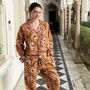 Mustard Yellow Block Print Floral 100% Cotton Ladies Pyjamas, thumbnail 1 of 8