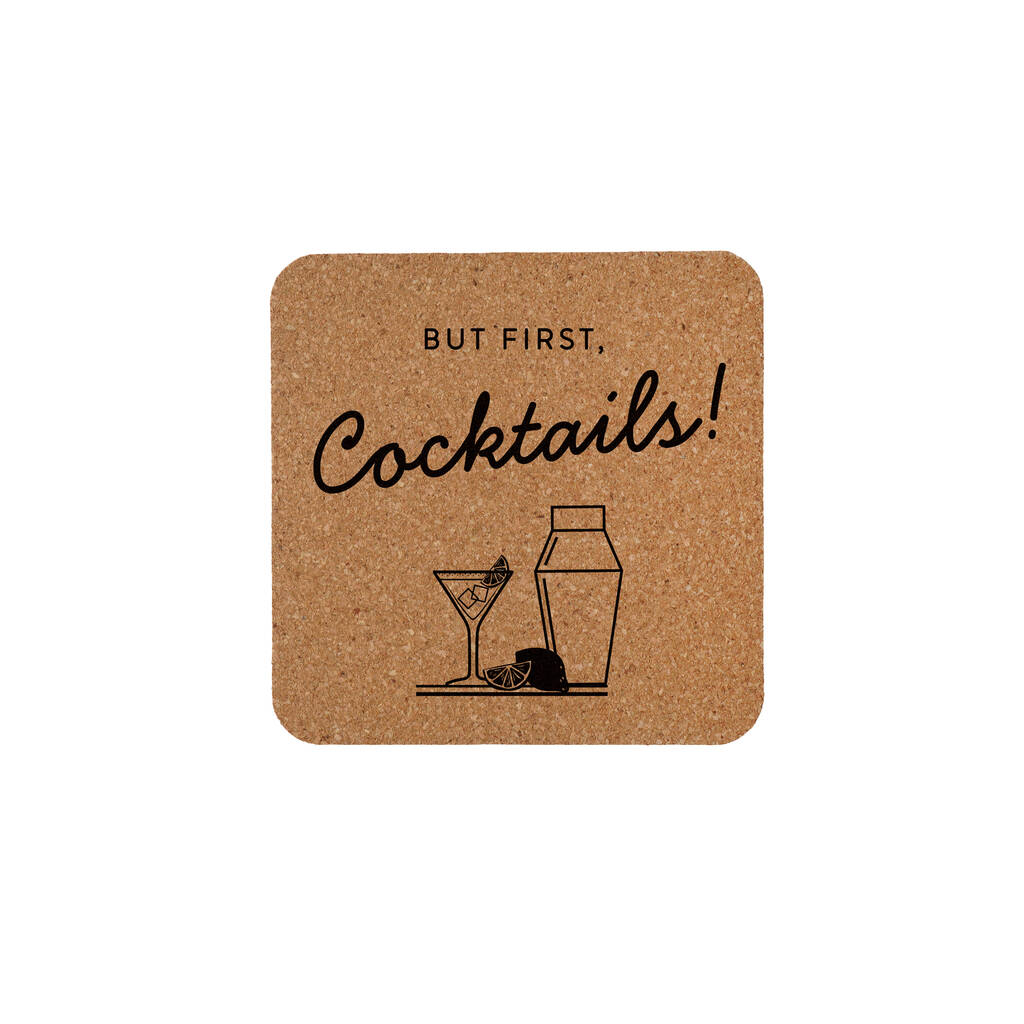 Set Of Four 'But First, Cocktails' Square Cork Coaster