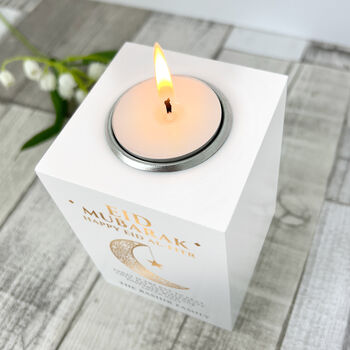 Personalised Eid Al Fitr Crescent White Tea Light Holder, 2 of 6