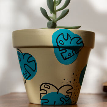 Hand Painted Cream And Turquoise Plant Pot, 2 of 4