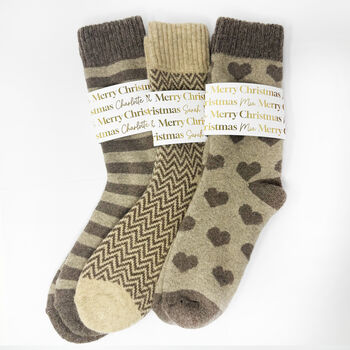 Christmas Cosy Socks In Neutral Coffee Cream Colour With Gold Foiled Personalised Label ,Warm Socks, 3 of 3