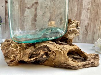 Molten Glass Driftwood Melted Glass Vase On Wood Base, 8 of 9
