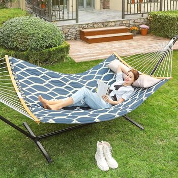 Quilted Fabric Hammock With Bamboo Spreaders And Pillow, 3 of 8