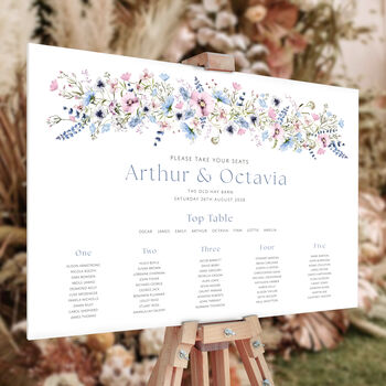 Wild Flower Wedding Table Plan In Pink And Blue, 5 of 7