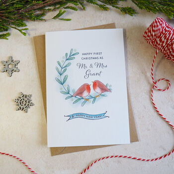 Mistletoe Robins First Married Christmas Card, 2 of 9