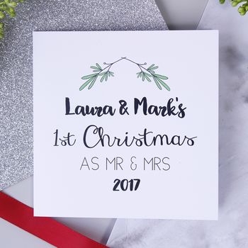 Personalised Mistletoe 1st Christmas As Mr And Mrs Card, 2 of 3