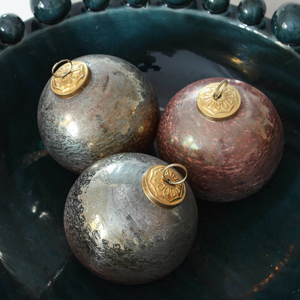 Six Green And Bronze Aged Glass Baubles By Marquis & Dawe