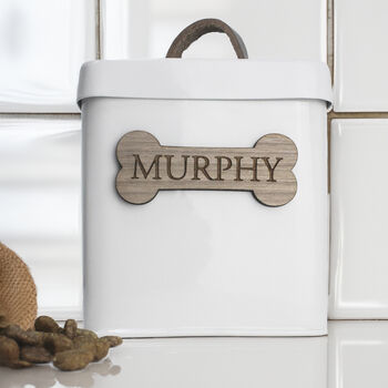 Personalised Farmhouse Pet Treat Tin With Walnut Nameplate, 2 of 9