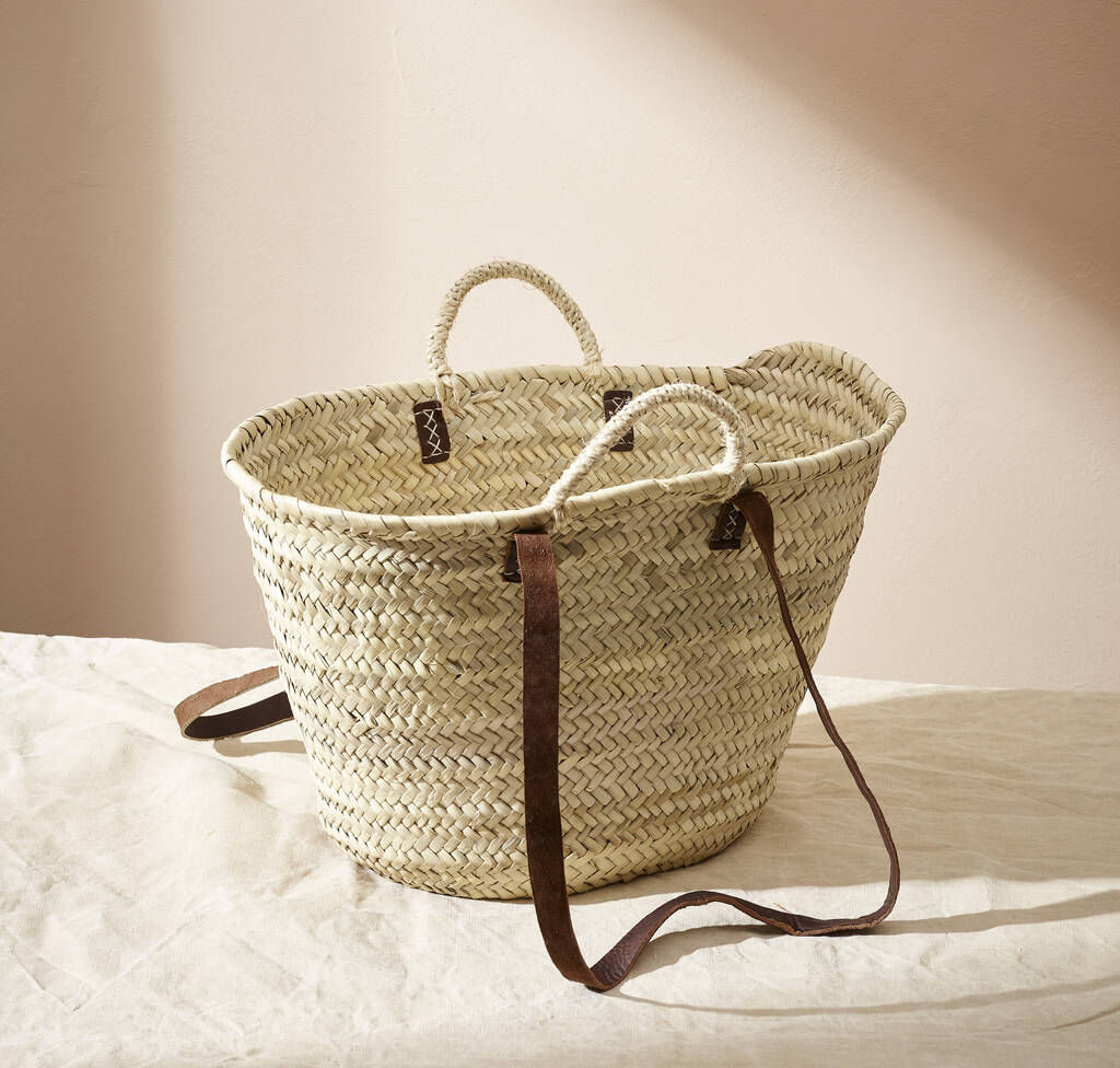 Handwoven Straw Market Basket With Double Straps, 1 of 2