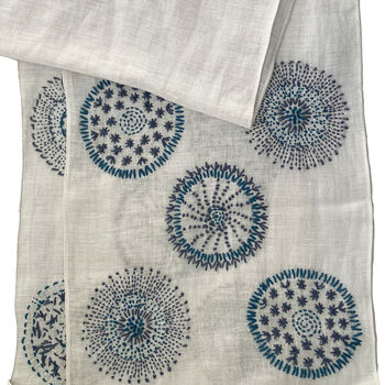 Hand Embroidered 100% Linen Scarf In Light Grey And Blue, 3 of 5