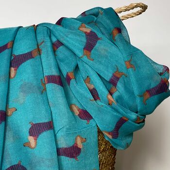 Sausage Dogs Print Scarf In Teal, 2 of 3