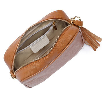Personalised Tan Leather Handbag With Canvas Strap, 3 of 6
