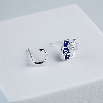 Sterling Silver Blue Cat And Crescent Moon Stud Earrings, 2 of 5