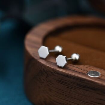 Sterling Silver Tiny Hexagon Barbell Earrings, 2 of 12