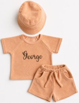 Summer Personalized 3pcs Towelling Sets Embroidered Kids Personalised T Shirt And Shorts Baby Toddler Outfit Matching Sibling Beach Outfit, 4 of 7