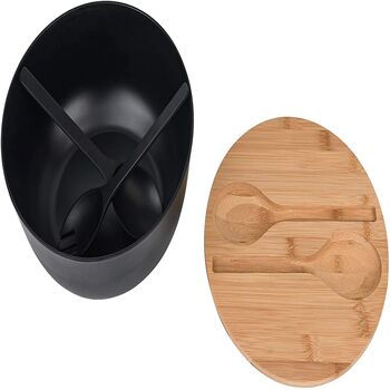 Black Solid Bamboo Salad Wooden Bowl With Server Set, 5 of 8