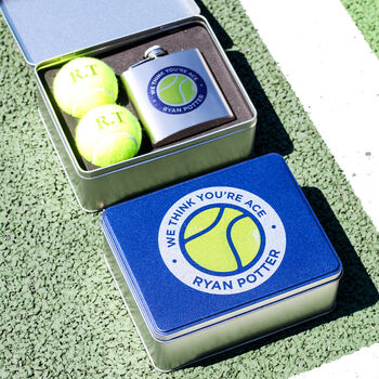 Personalised Tennis Ball Tin With Hip Flask Gift For Him, 6 of 7