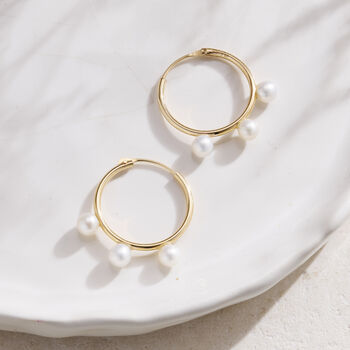 9ct Gold Triple Pearl Hoop Earrings, 2 of 5