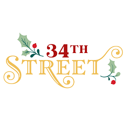 34th Street logo featuring festive lettering and holly illustrations.