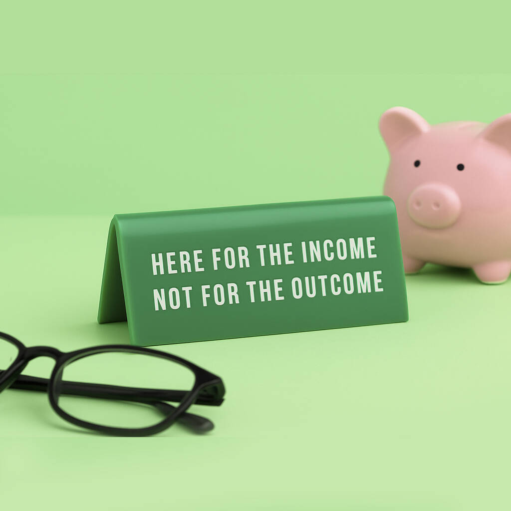 Green Acrylic Desk Sign | 'Here For The Income…' Green Desk Sign | Humour | Desk Sign, 1 of 2