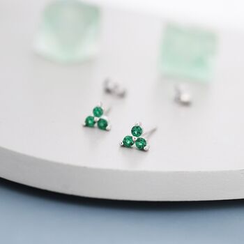 Tiny Emerald Green Trio Stud Earrings Sterling Silver, 5 of 11