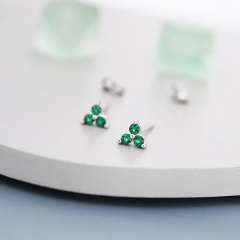 Tiny Emerald Green Trio Stud Earrings Sterling Silver, 5 of 12