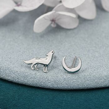 Sterling Silver Wolf And Moon Stud Earrings, 3 of 7
