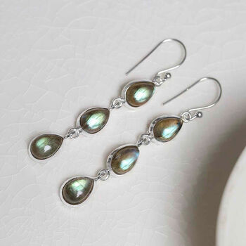 Sterling Silver Triple Labradorite Dangly Teardrops, 3 of 4