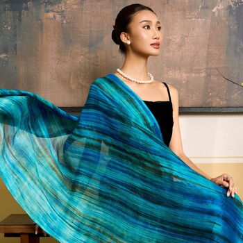 100% Mulberry Silk Scarf, Turquoise Blue And Emerald Brushstroke In Gift Box, 3 of 5