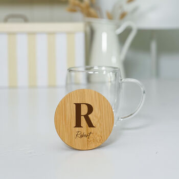 Personalised Initial Double Wall Glass Mug With Bamboo Lid, 4 of 5