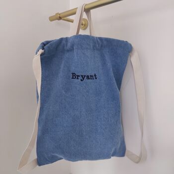 Personalised Cotton Denim Drawstring Bag Backpack, 4 of 10